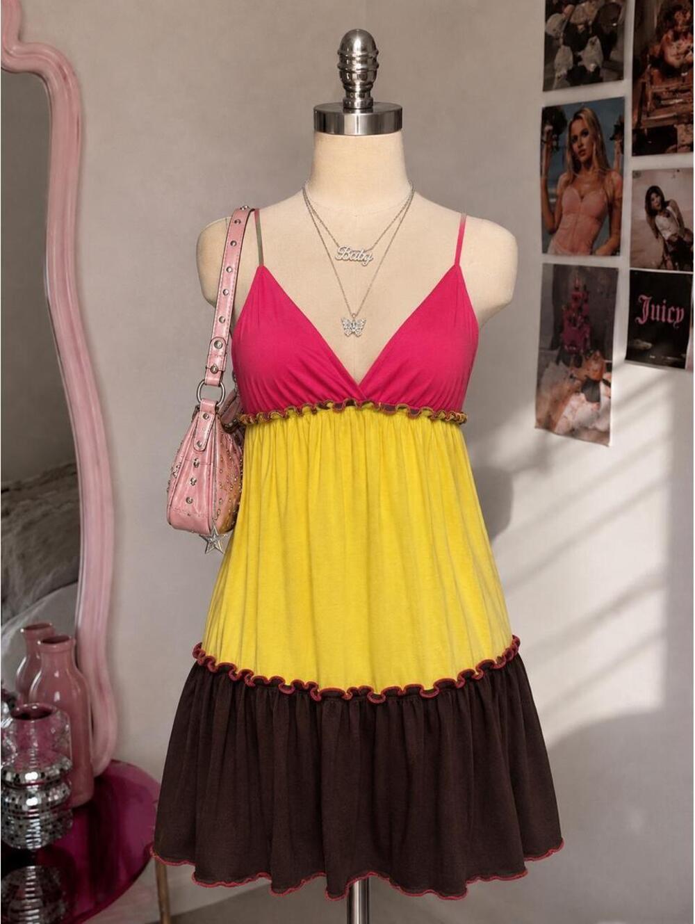 Y2K Colorblock Babydoll Mini Dress | Women’s Small | Neon Pink Yellow Brown